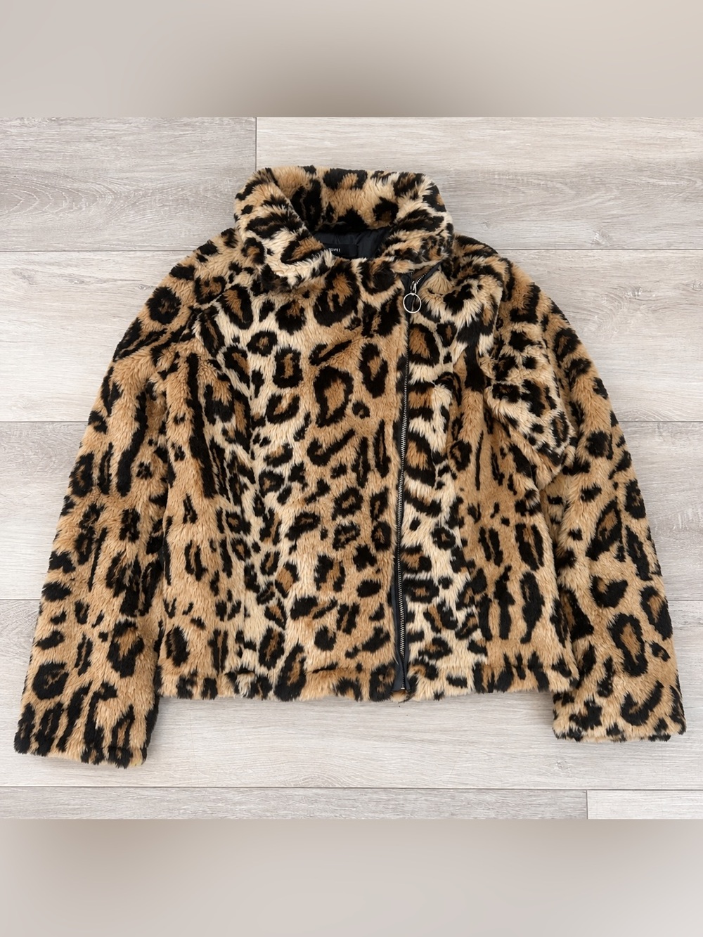 Forever 21 Jacket Large Brown Leopard Faux Fur Moto Ring Zip